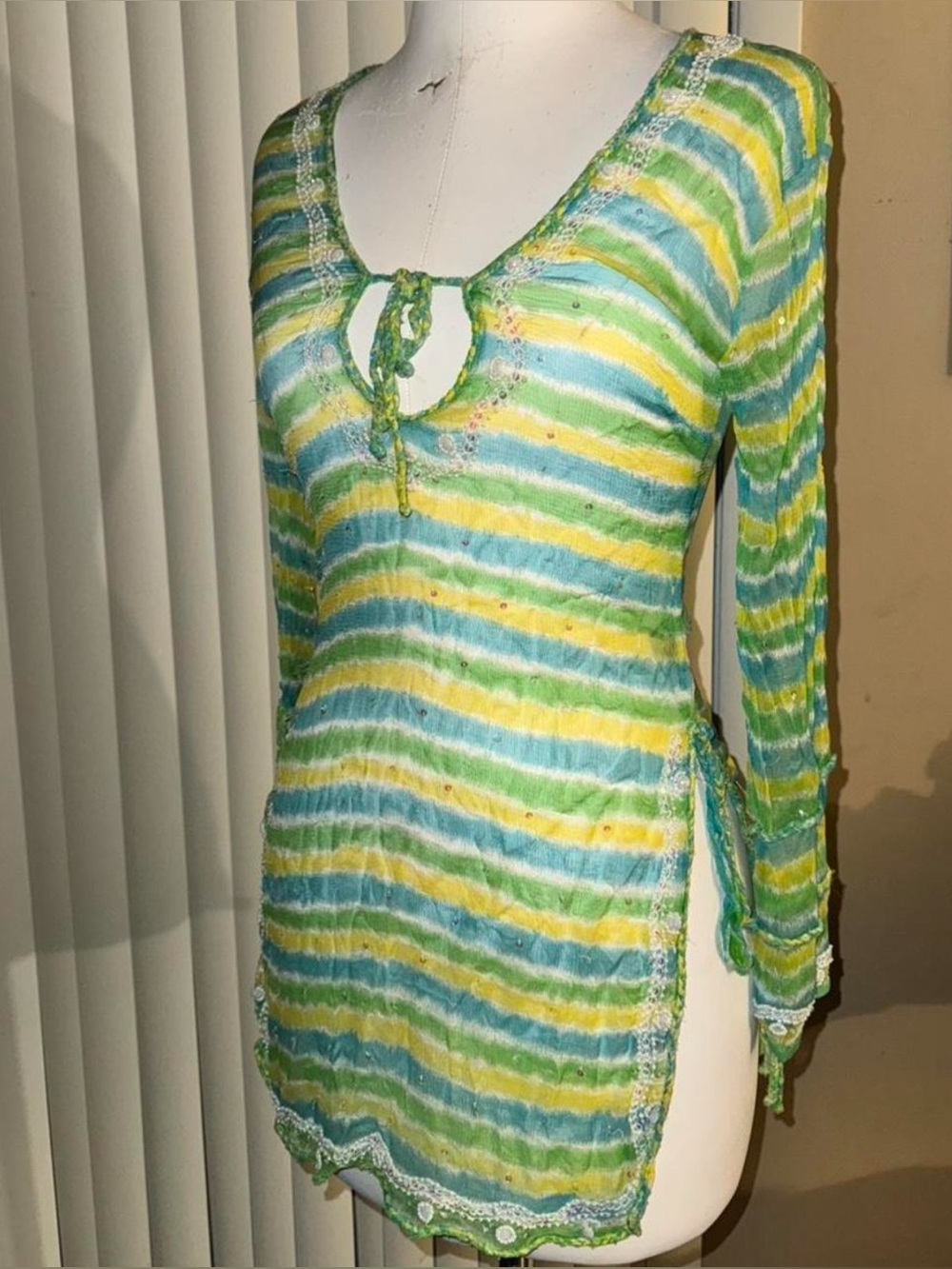 Early 2000s Beautiful 100% silk beaded striped cover up